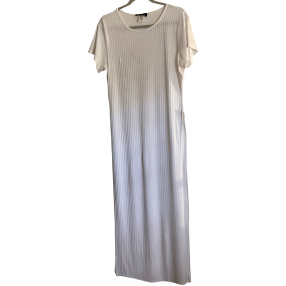NWT Rainbow Womens 1X Maxi White Dress Ribbed Short Sleeve Plus Size Stretch - Picture 1 of 6